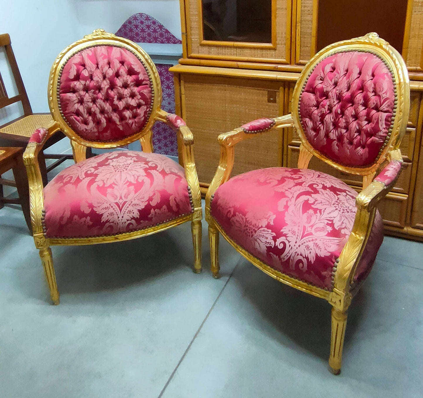 Poltrona Legno Oro Tessuto Damascato St. Barocco