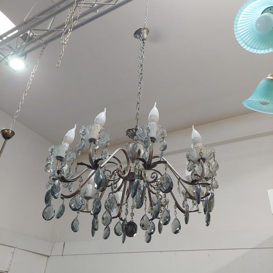 Lampadario Alpacca Gocce Cristallo Fumè 10 Luci