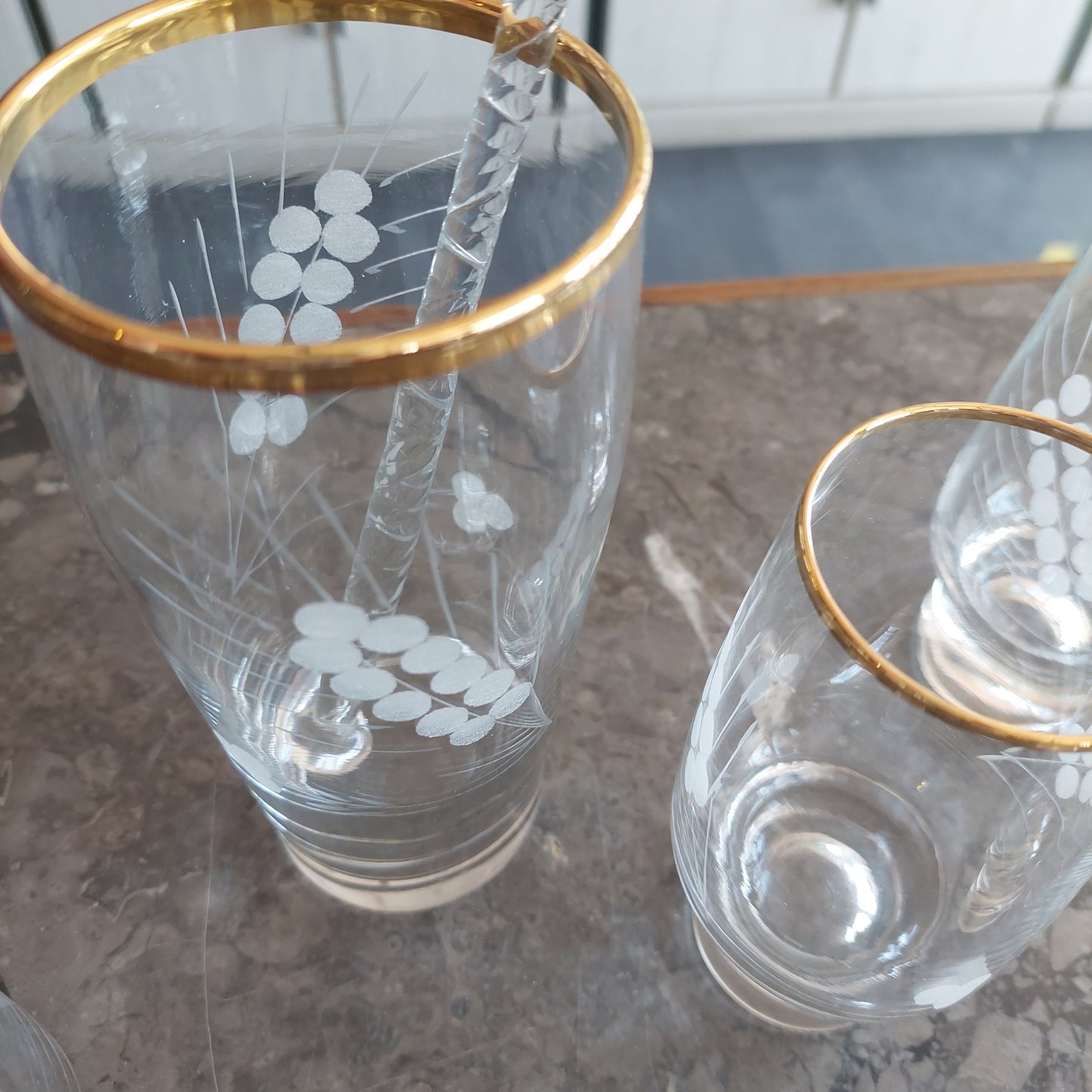 Set/6 Bicchieri Bibita + Caraffa E Miscelatore Vetro Serigrafato Bordo Oro