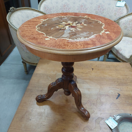 Tavolino Tondo 3 Piedi Legno Intarsiato D54x59h