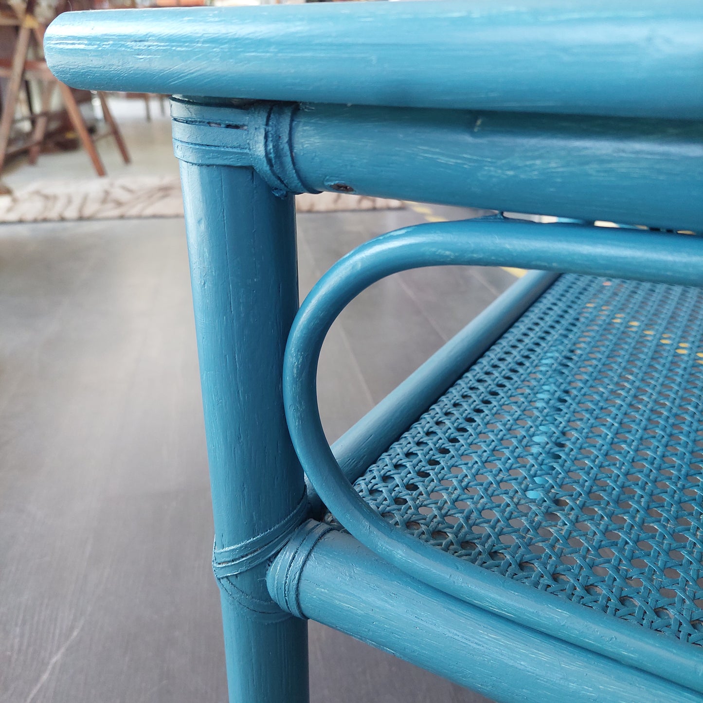 Tavolino Legno Bambù Rattan Blu 2 Ripiani