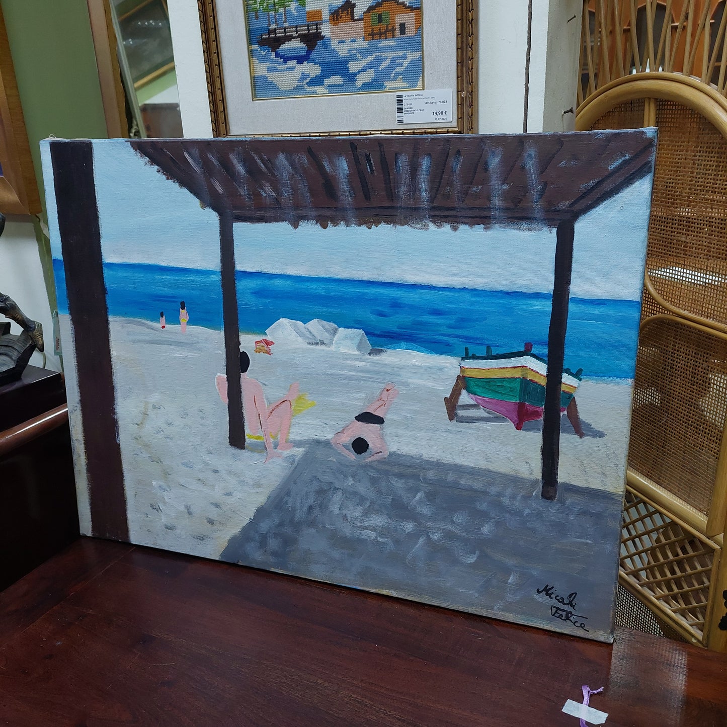 Quadro "olio Su Tela" Ragazzi Al Mare Di F. Micali Cm80x60