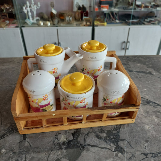 Set Olio E Aceto Pepe Sale Formaggio Ceramica Legno