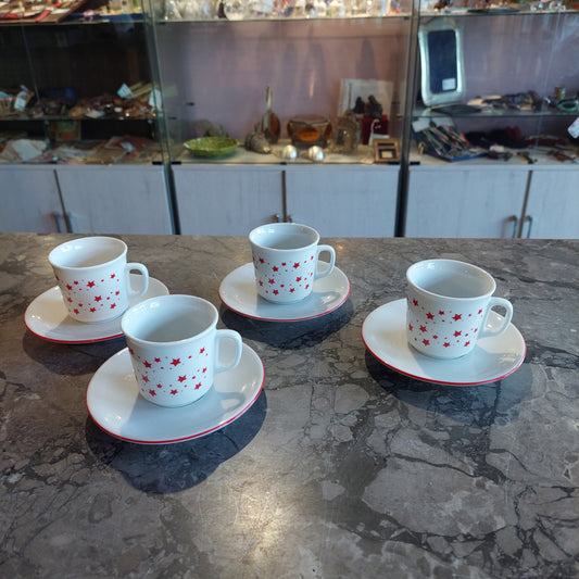 Set/4 Tazzine Caffè Porcellana Bianca Stelline Rosse