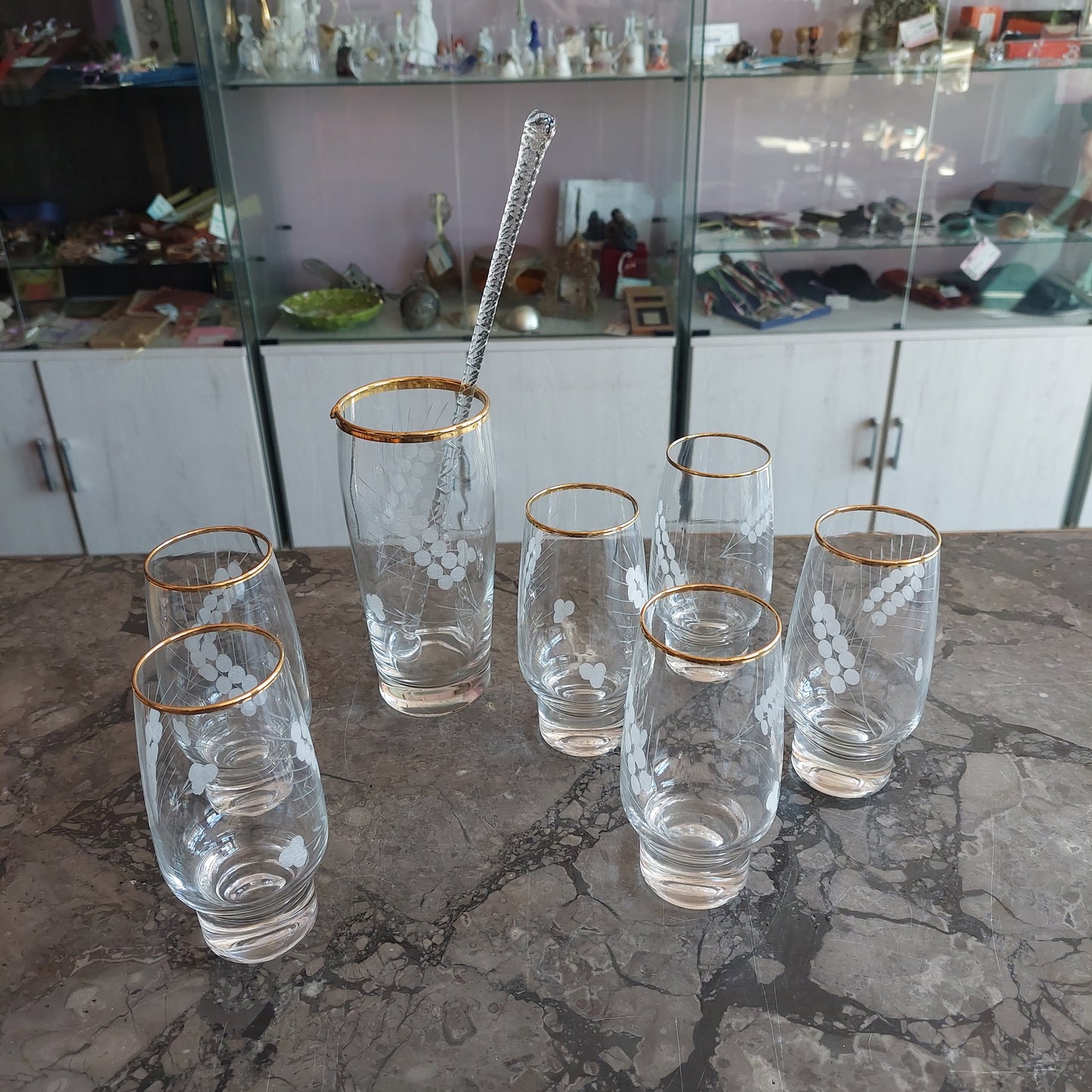Set/6 Bicchieri Bibita + Caraffa E Miscelatore Vetro Serigrafato Bordo Oro
