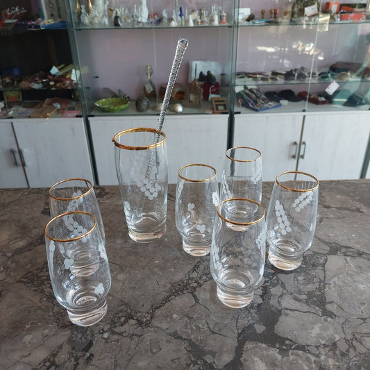 Set/6 Bicchieri Bibita + Caraffa E Miscelatore Vetro Serigrafato Bordo Oro