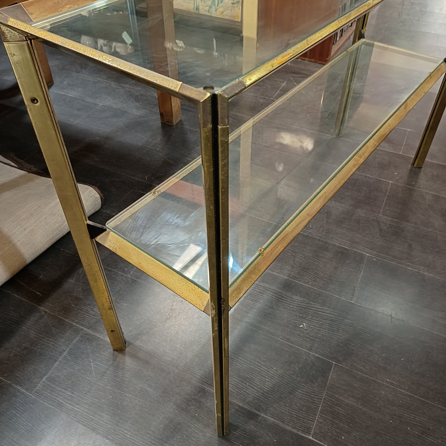 Consolle * 2 Ripiani Metallo Dorato/vetro Anni 70 Cm120x36x79h
