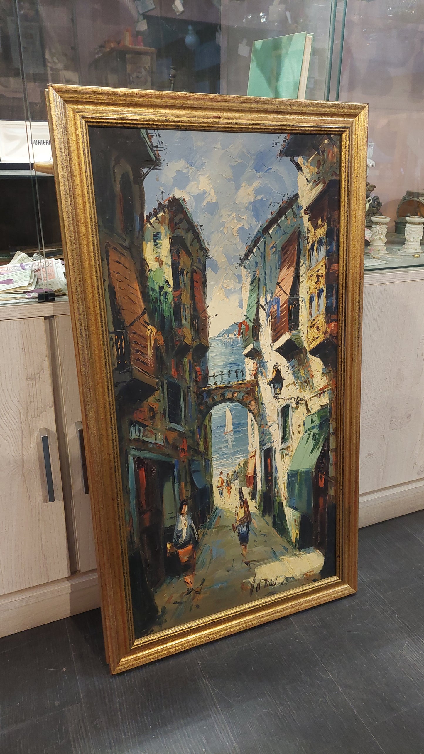Quadro Vicolo Olio Su Tela Firmato Cm48,5x87,5