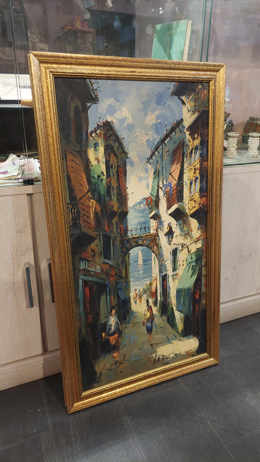Quadro Vicolo Olio Su Tela Firmato Cm48,5x87,5