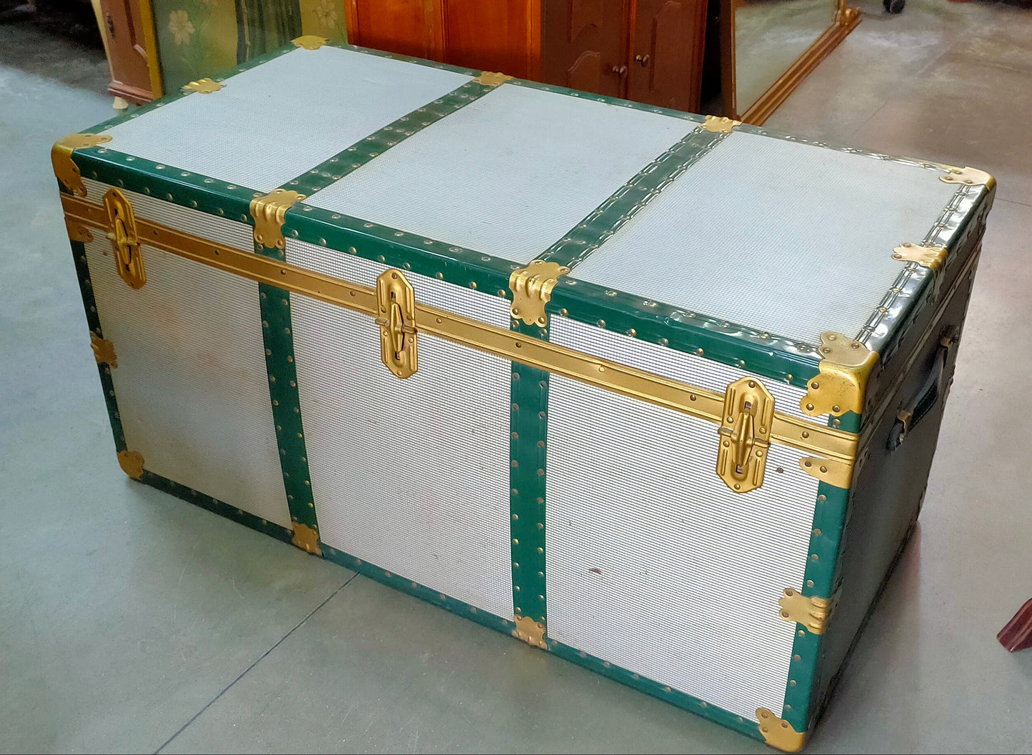 Baule Laminato Alluminio Verde Anni 50 Cm110x55x55h
