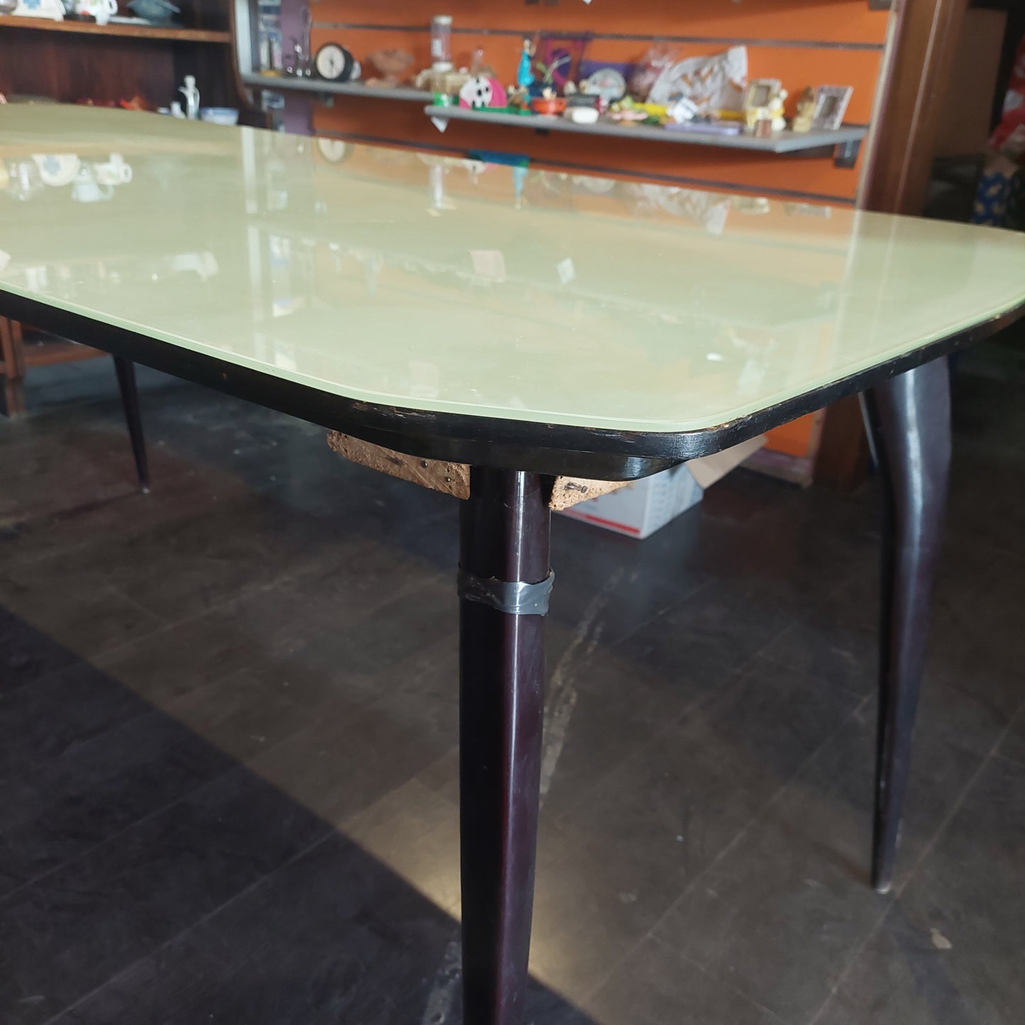 Tavolo * Legno Piano Vetro Anni 50 Cm177x90x77h