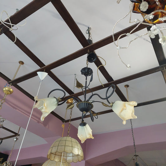 Lampadario Ferro 3 Coppe Fiore Vetro