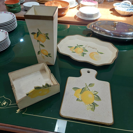 Set/4pz Decoro Limone Tagliere-vassoio-portatovaglioli-vaso Legno