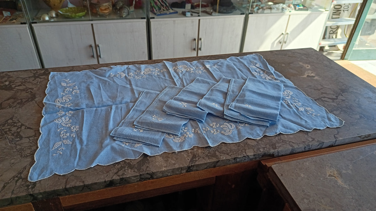 Set/tovaglietta Azzurro Lino Ricam. Cm63x37 + 6 Tovaglioli