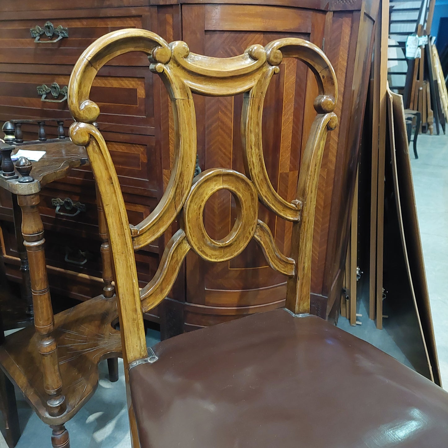 Set/4 Sedie Legno/pelle Stile Chippendale