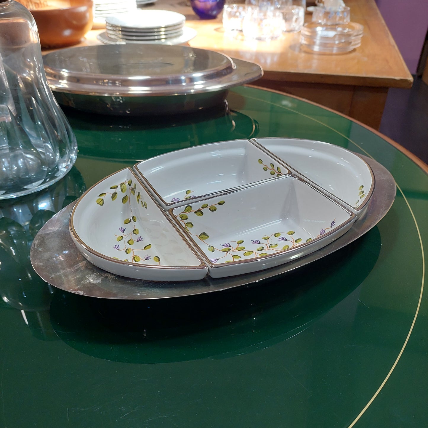 Antipastiera 4 Pz Porcellana Con Vassoio Silverplated