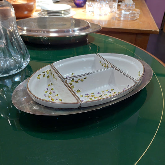 Antipastiera 4 Pz Porcellana Con Vassoio Silverplated