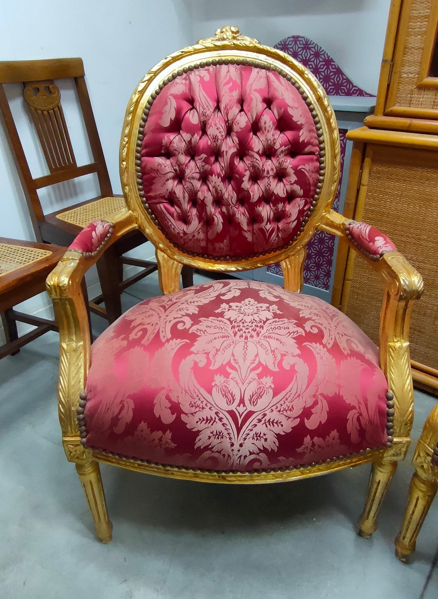 Poltrona Legno Oro Tessuto Damascato St. Barocco
