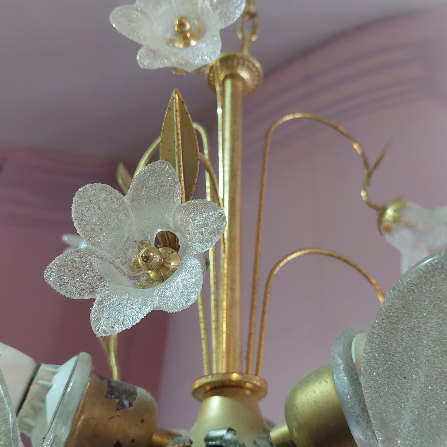 Lampadario Ottone/vetro Foglie E Fiori 3/l
