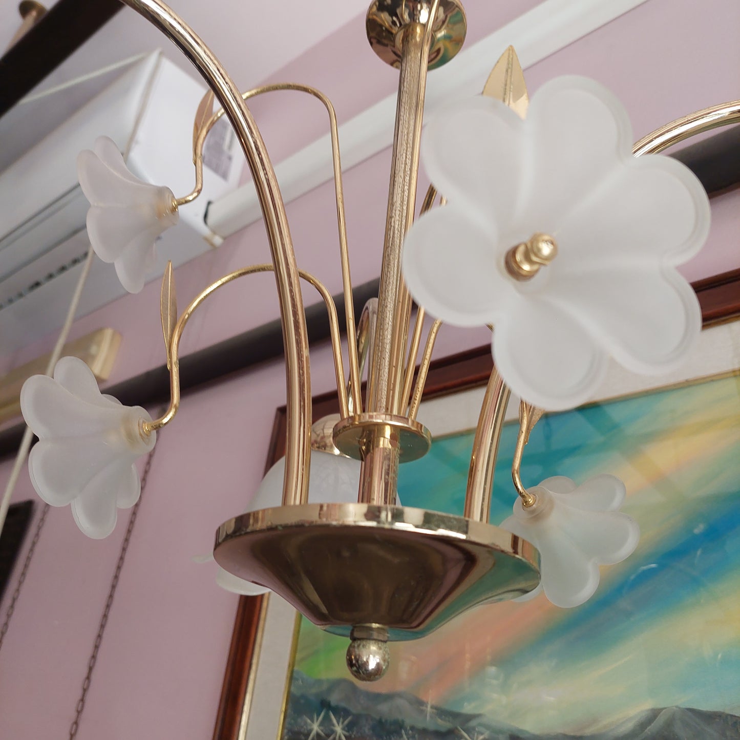 Lampadario Ottone Coppette Fiore Vetro 3 Luci