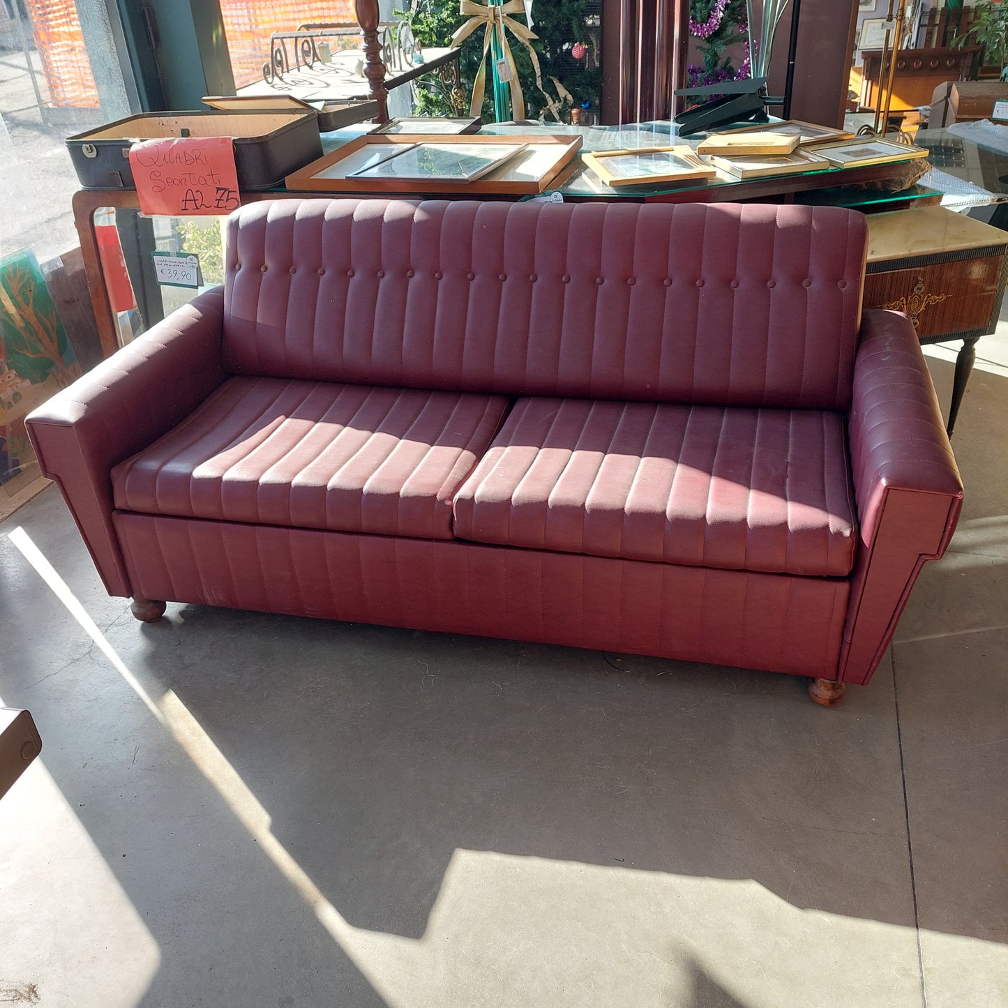 Divano Letto Pelle Bordeaux Vintage Anni '50 Cm190x90