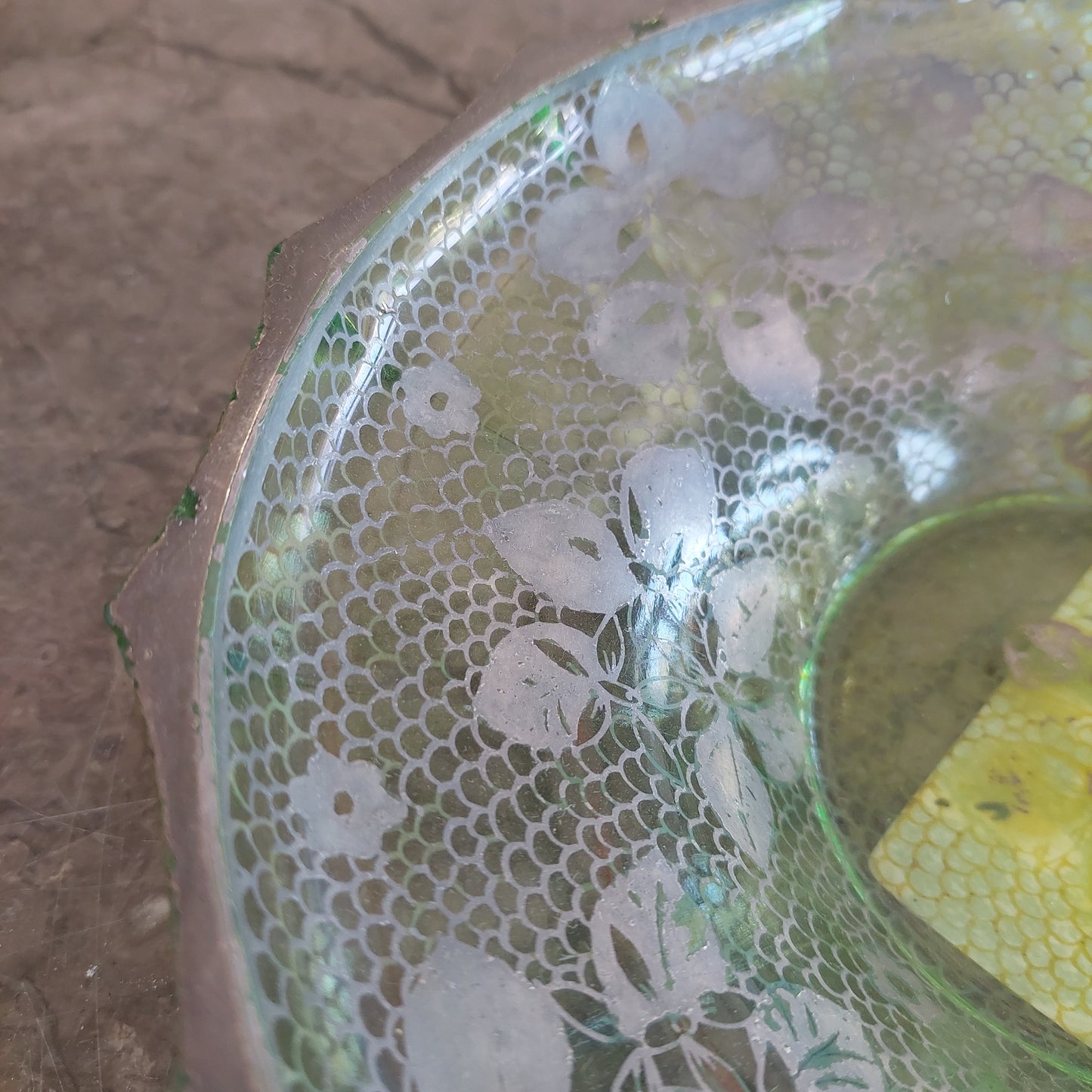 Ciotola Vetro Verde Fiori E Decoro Argento Anni '50