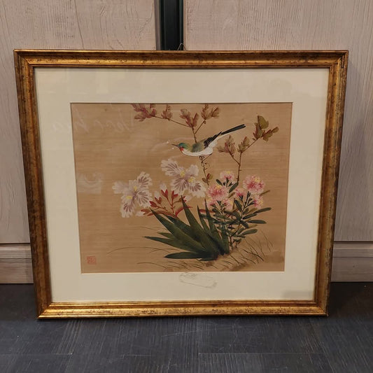 Q/dipinto Cinese Su Seta Uccellino Cm49,5x43