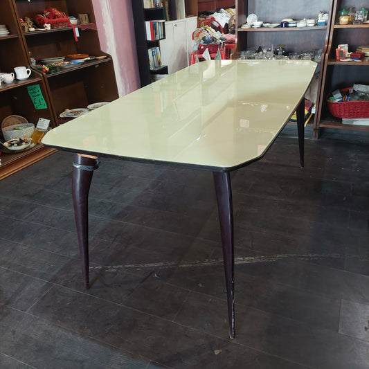 Tavolo * Legno Piano Vetro Anni 50 Cm177x90x77h