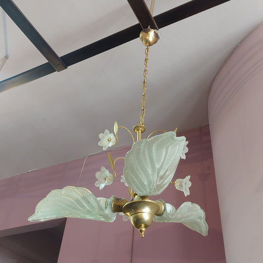 Lampadario Ottone/vetro Foglie E Fiori 3/l
