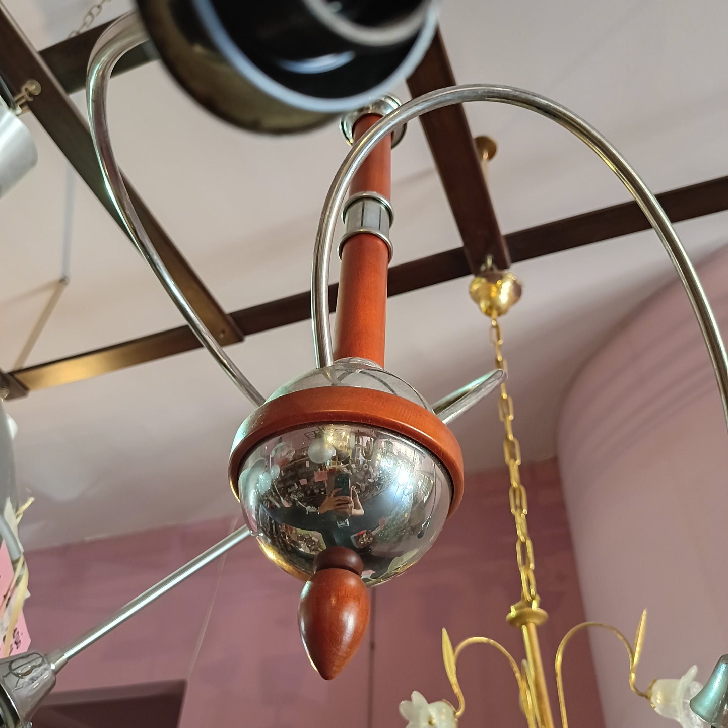 Lampadario Legno Metallo Cromato 3 Luci