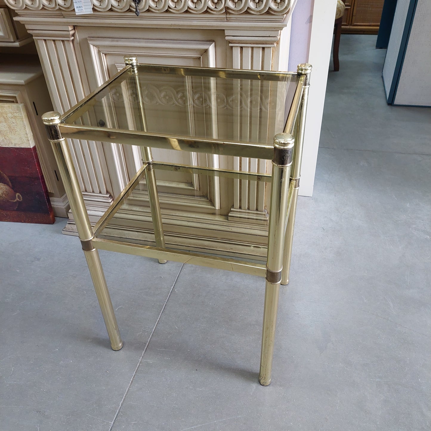 Tavolino Ottone/vetro Fumè Anni70 Cm48x40x74h