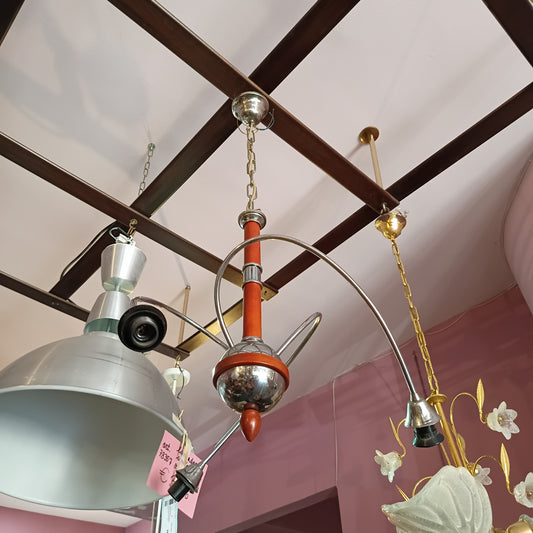Lampadario Legno Metallo Cromato 3 Luci