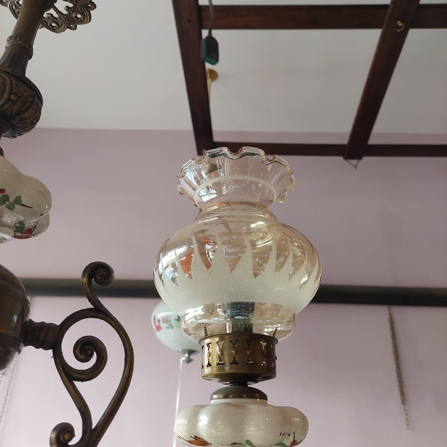Lampadario Ottone Ceramica Fiori 3/luci