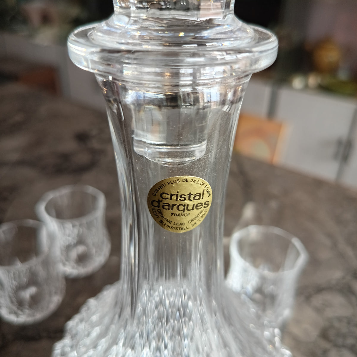 Set/bottiglia+6 Bicchierini Liquore Cristallo Molato Cristal D'arques