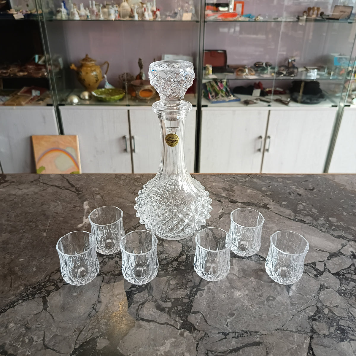 Set/bottiglia+6 Bicchierini Liquore Cristallo Molato Cristal D'arques