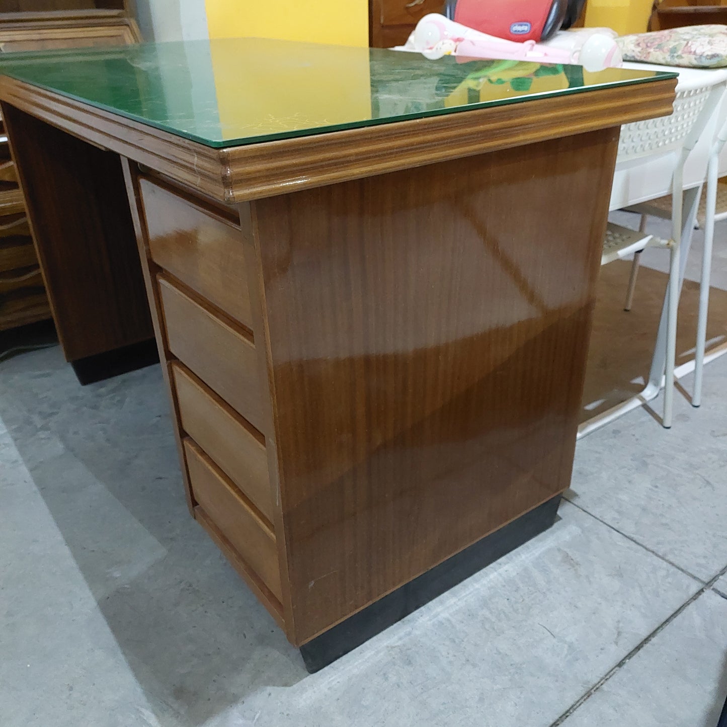 Scrivania* Legno/piano Vetro Verde Anni 60 Cm125x70x80h