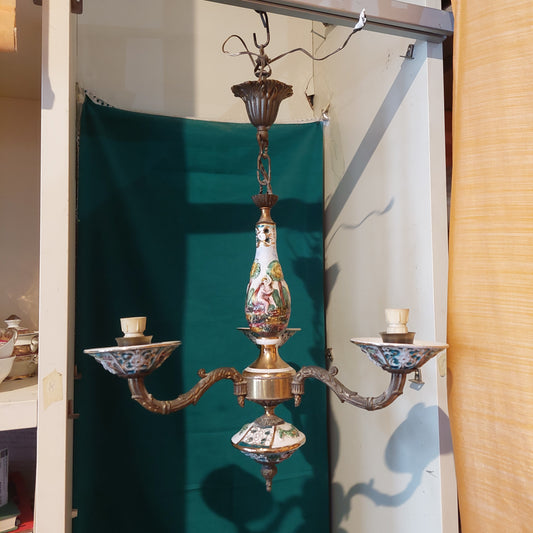 Lampadario Ottone Porcellana Capodimonte 3 Luci
