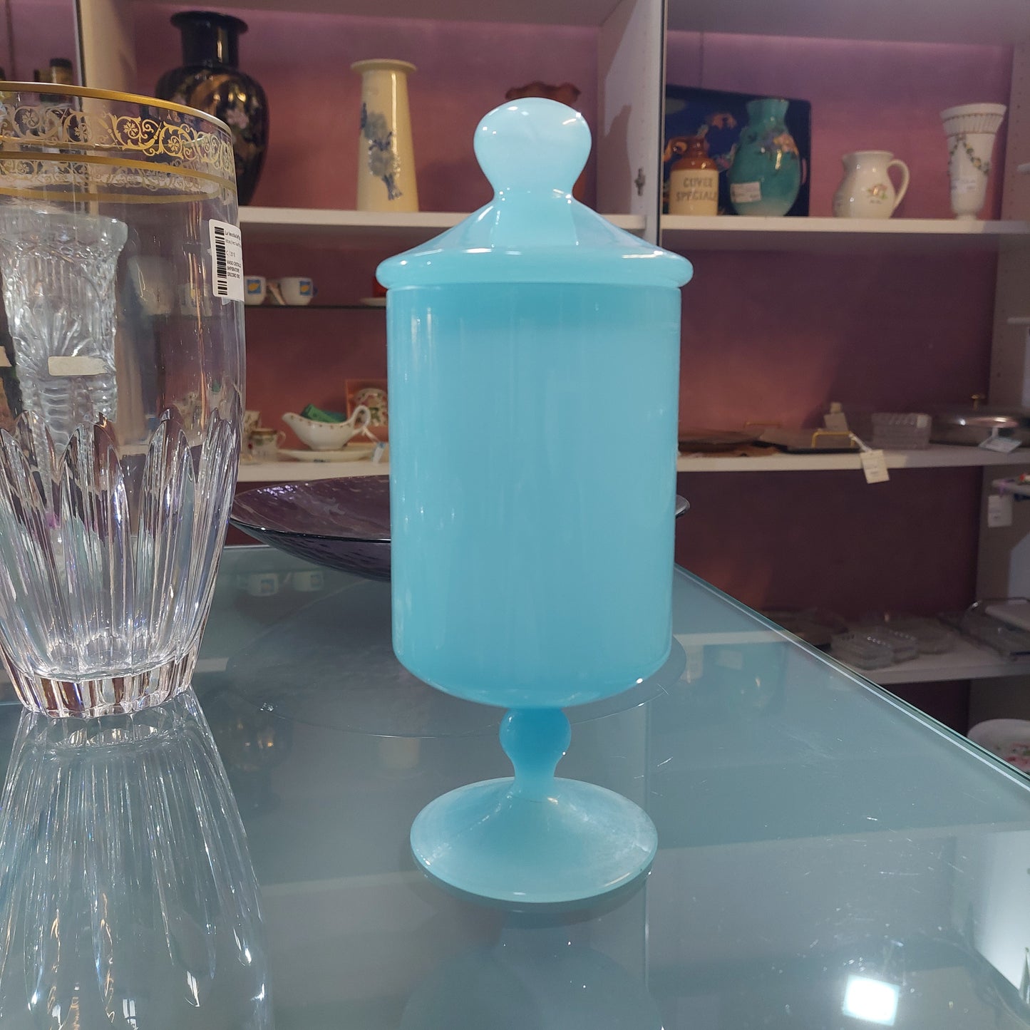 Potiche Vetro Opalino Azzurro Anni '30 H27