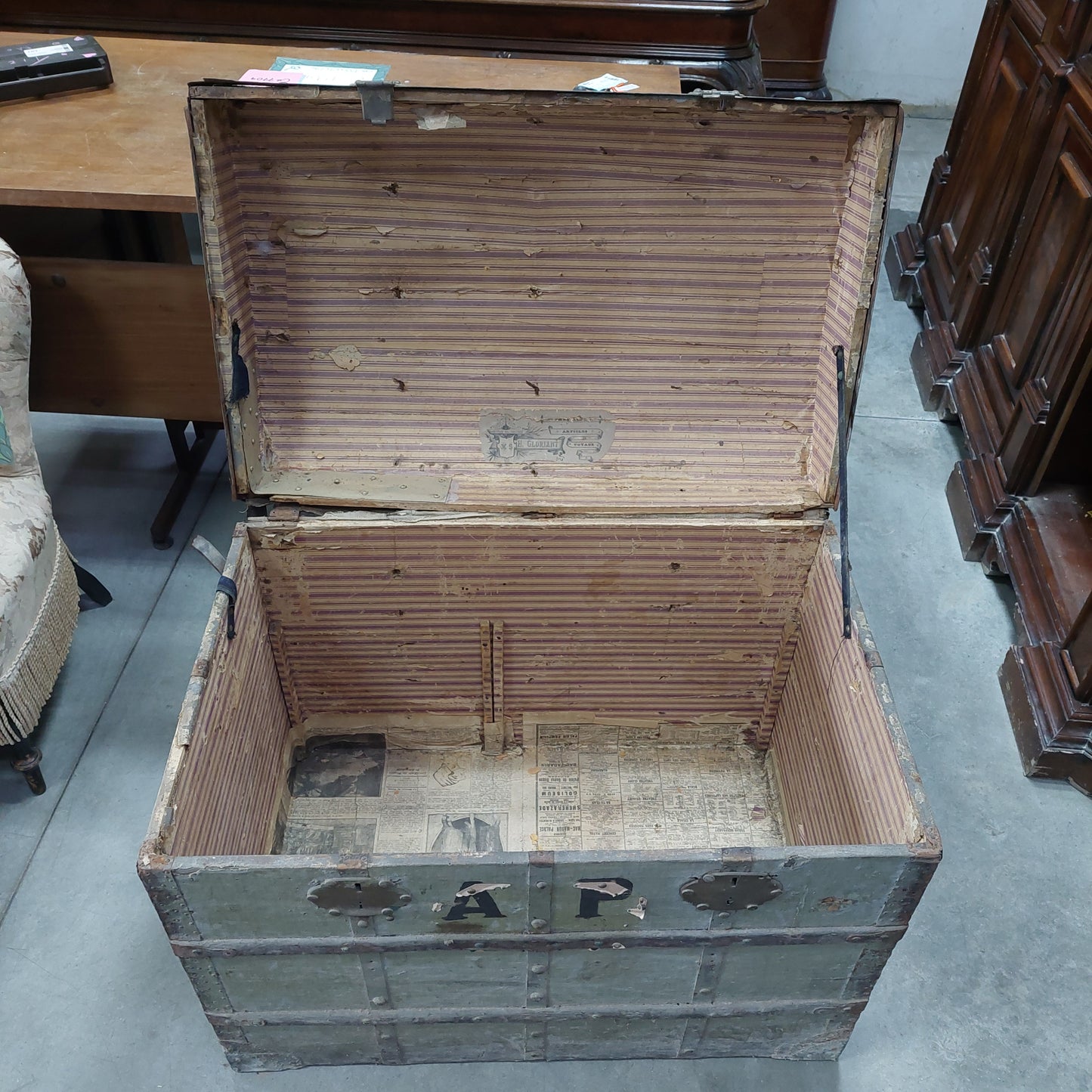 Baule Legno E Ferro Antico Verde Cm82x52x65h