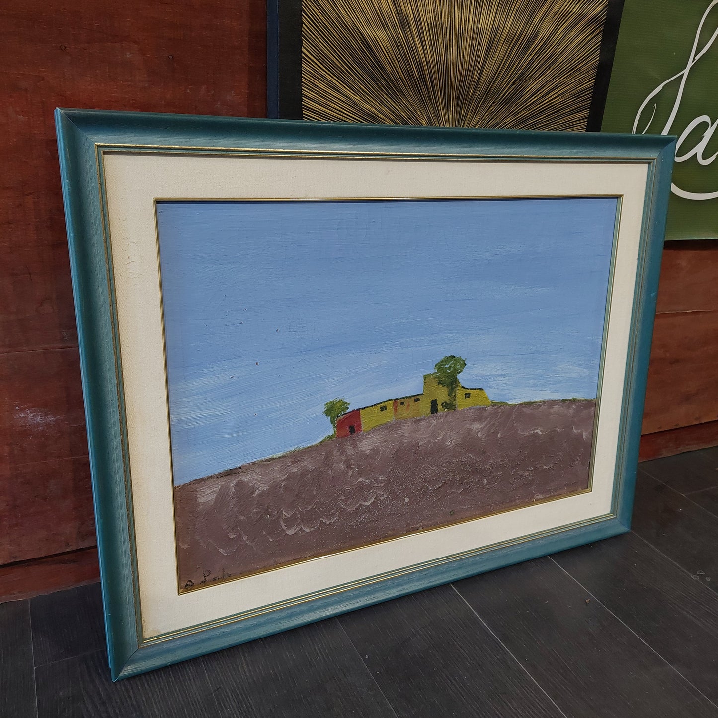 Quadro* Casale Su Collina Firmato Cornice Blu Cm86x66