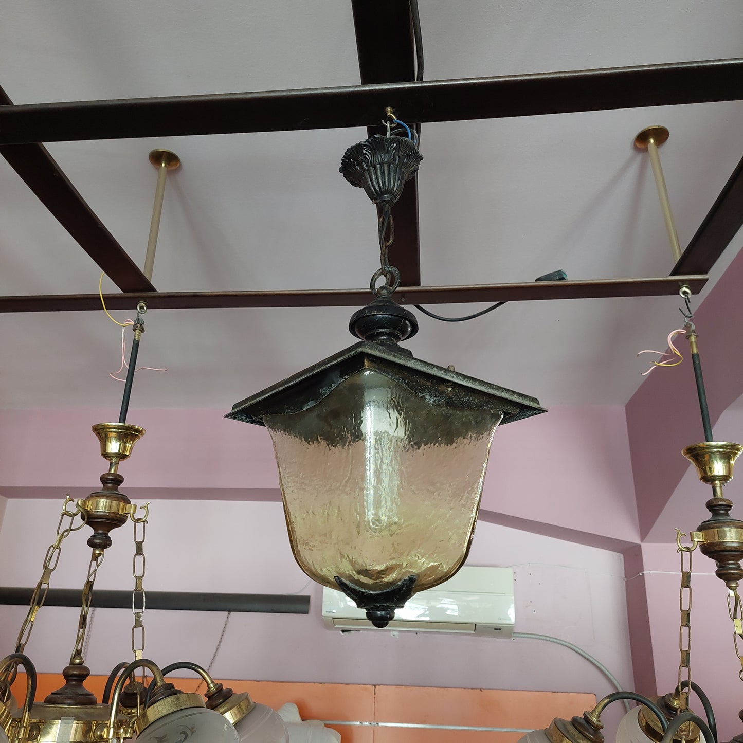 Lampadario * Lanterna Ferro / Vetro Ambrato