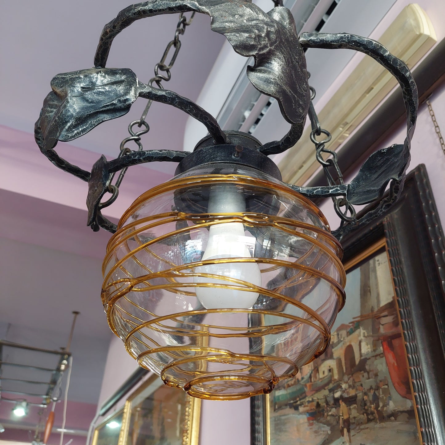 Lampadario Ferro / Boccia Vetro Di Murano 1/luce