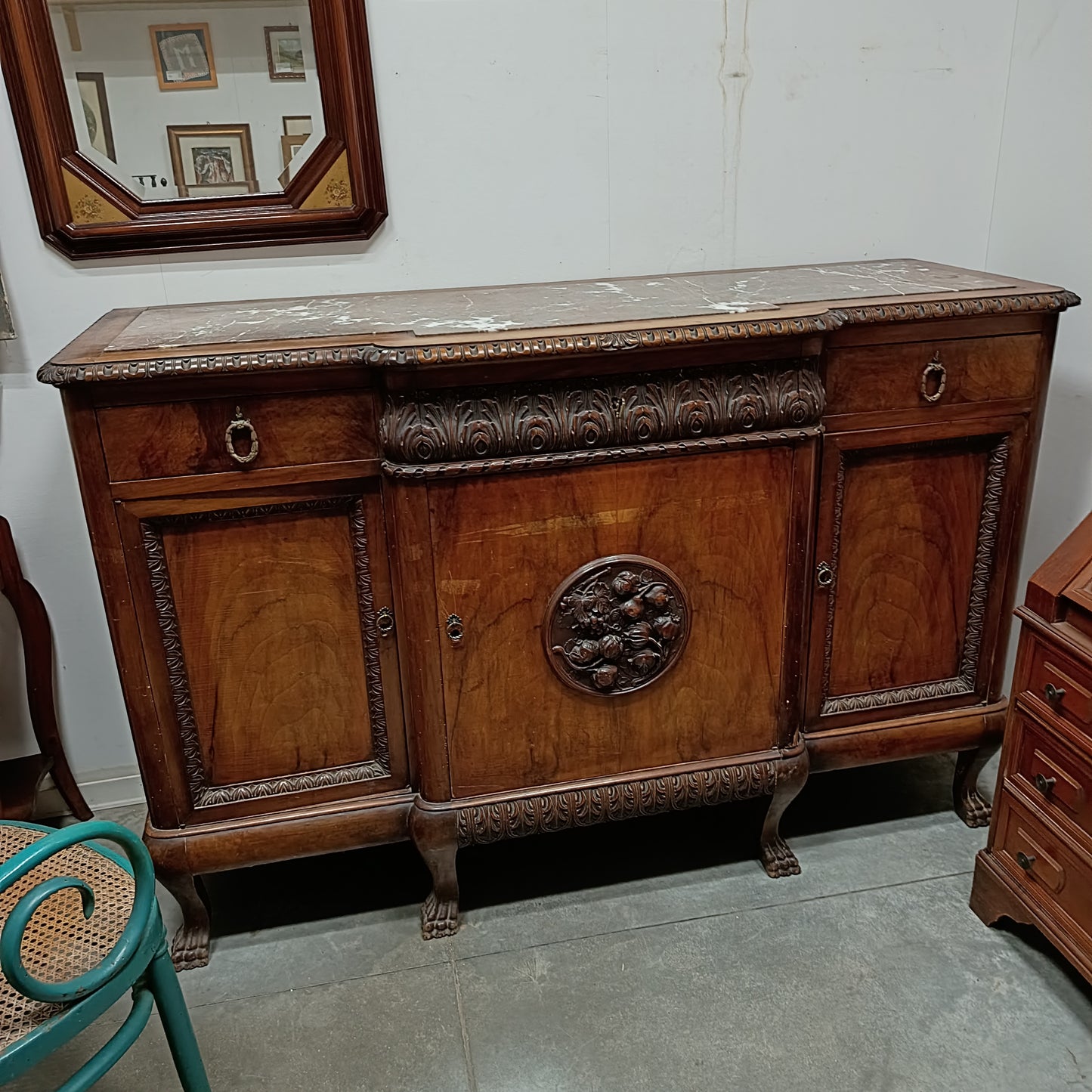 Credenza Antica Con Marmo 3/c 3/s Cm166x60x108h