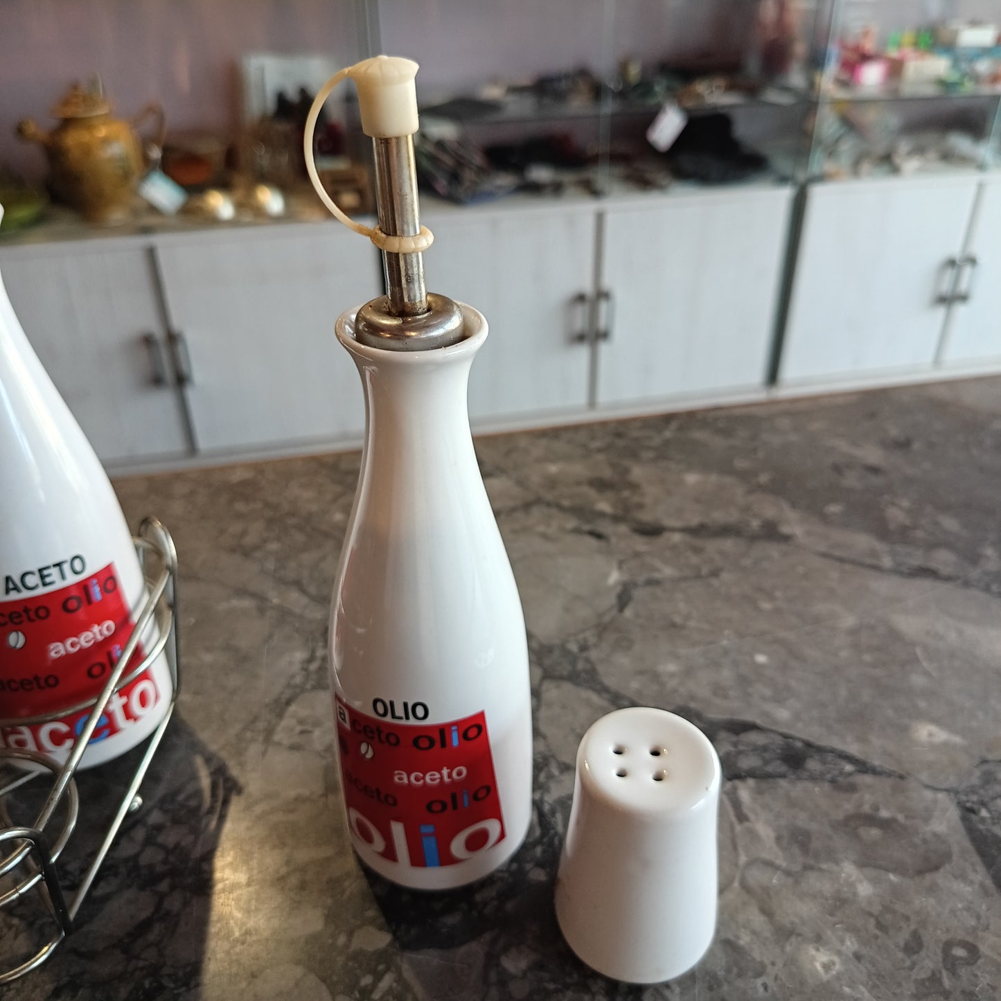 Set/4 Pezzi Olio Aceto Sale E Pepe Ceramica / Metallo