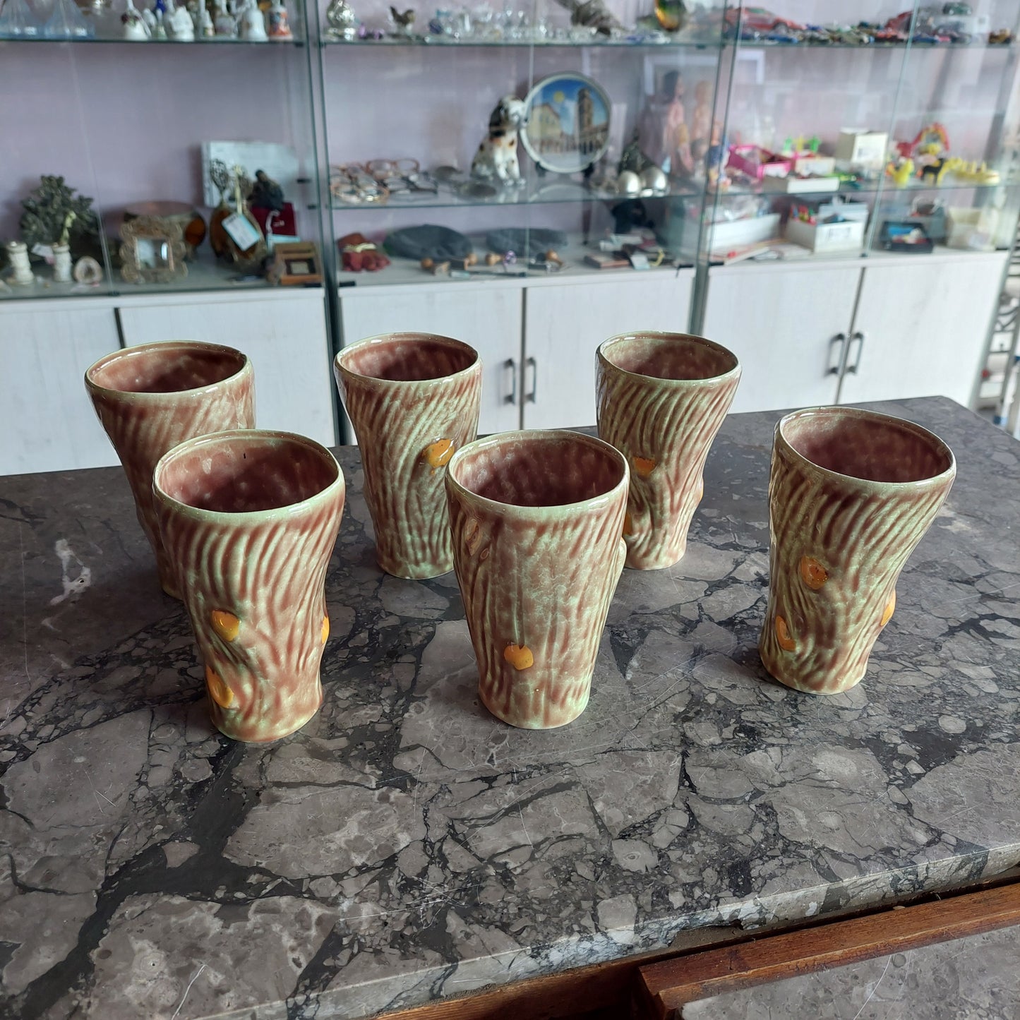 Set/6 Bicchieri Ceramica* Vintage Anni 50 Effetto Legno
