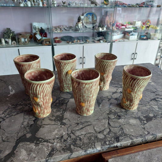 Set/6 Bicchieri Ceramica* Vintage Anni 50 Effetto Legno
